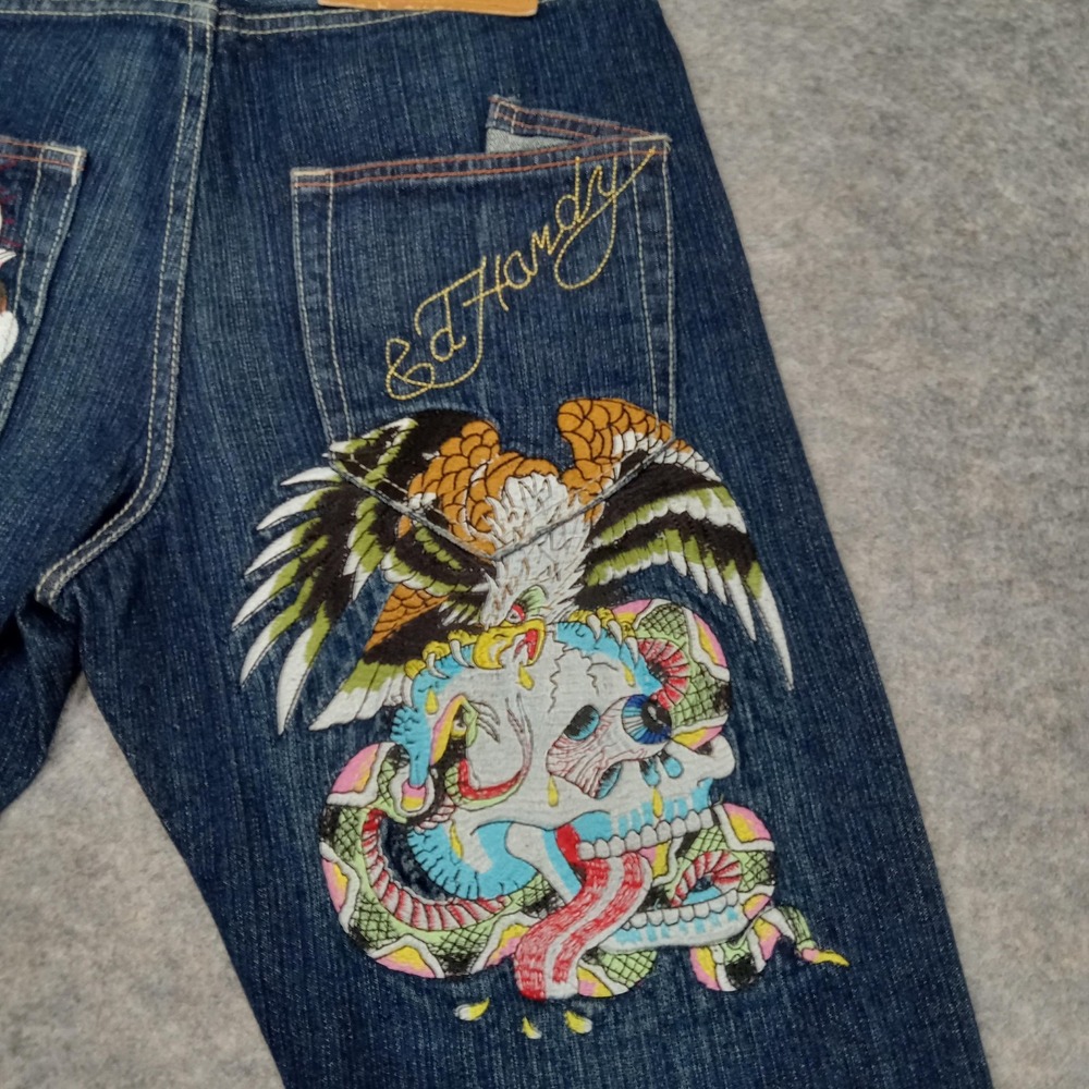 Ed Hardy Jeans Mens 30x32 Blue Embroidered Eagle‎ Dragon Skull Tattoo Straight